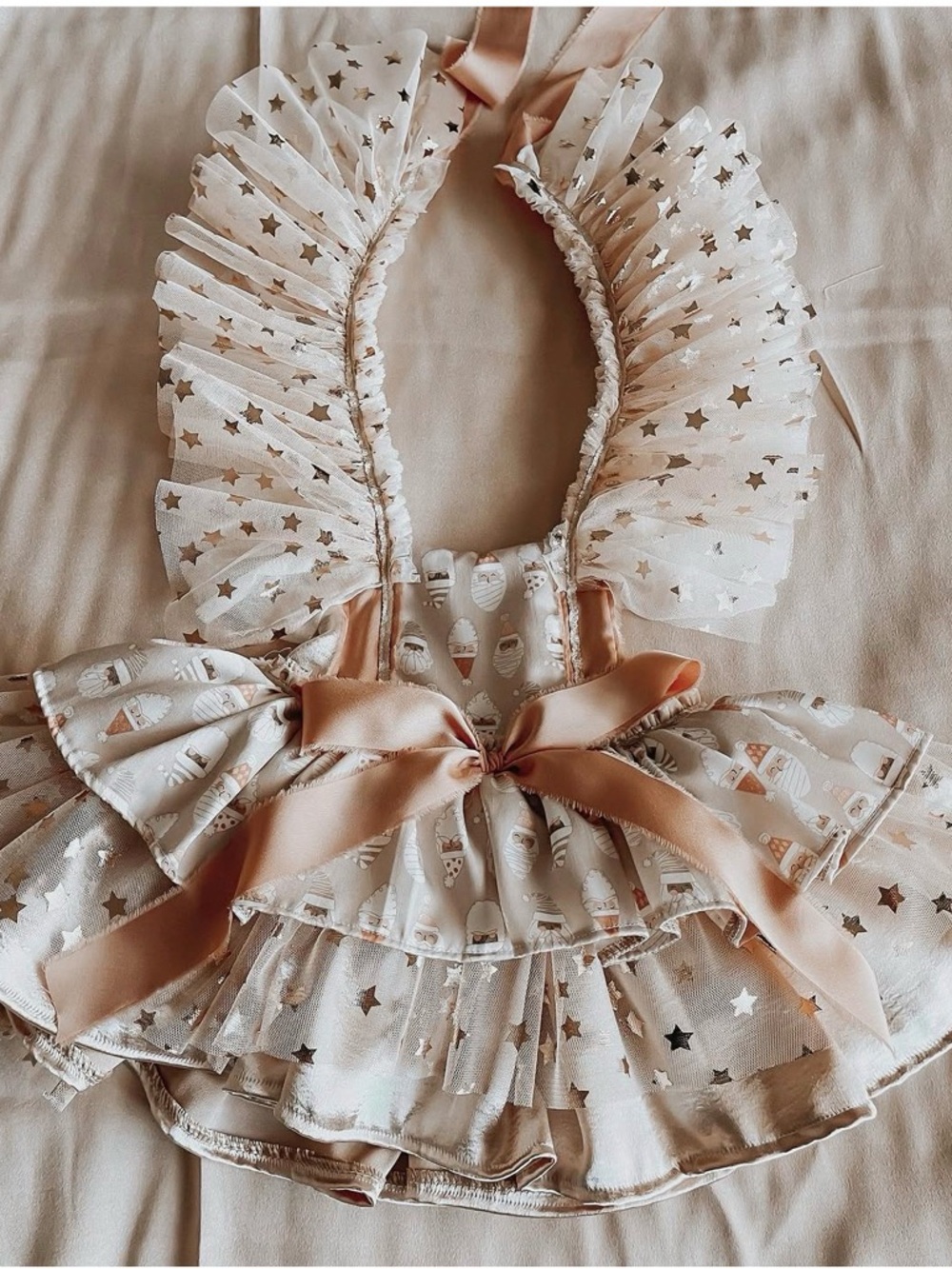 Christmas Santa Claus Ruffle Baby Dress with Satin Bow in Cream and Blush